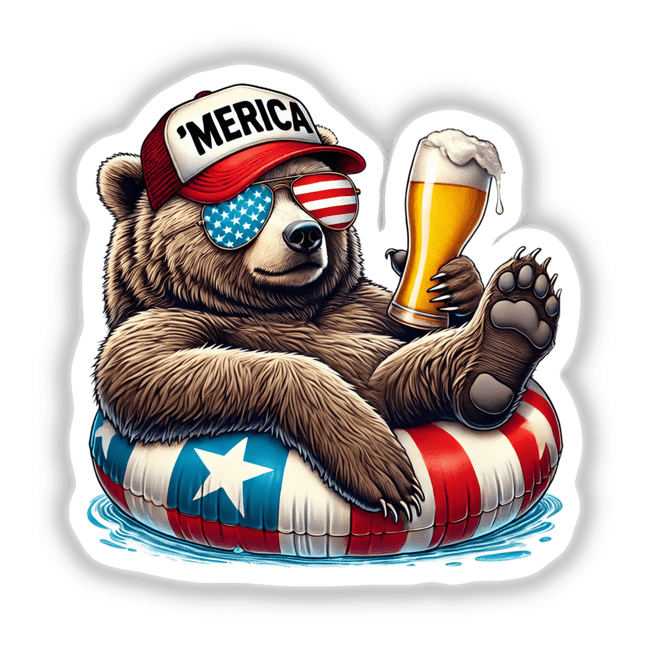 Grizzly Bear American Flag Float Merica: Illustration of a bear wearing sunglasses and a hat, holding a beer, available as stickers or digital artwork.