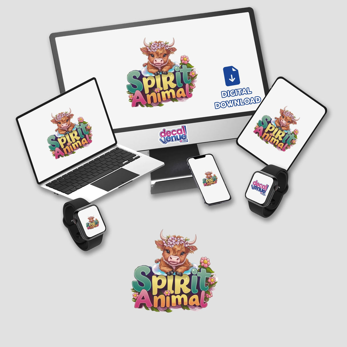 Colorful digital artwork of a cheerful highland cow with floral crown, featuring the "Spirit Animal" product title and Decal Venue brand logo displayed across various electronic devices.