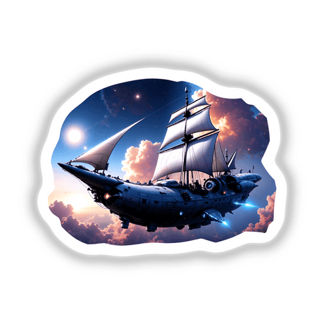 A Cool Retro Pirate Sailing Spaceship navigating through a cloud-filled sky, available as unique stickers or digital artwork.
