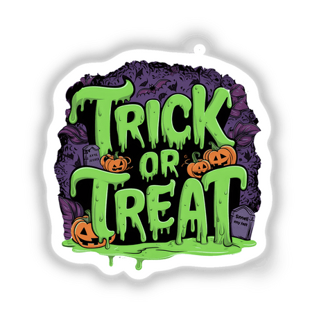 Vibrant Halloween sticker featuring "Trick or Treat" text in green, surrounded by spooky pumpkins, haunted houses, and creepy purple elements on a dark background.