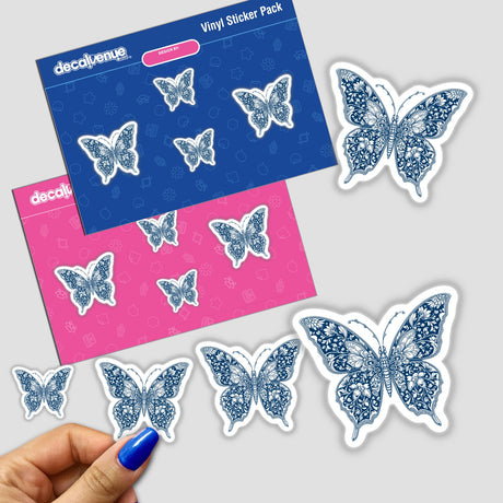 Chinoiserie Butterfly stickers featuring intricate butterfly designs on a pink surface, showcasing unique and delicate patterns, available as stickers or digital artwork from Decal Venue.
