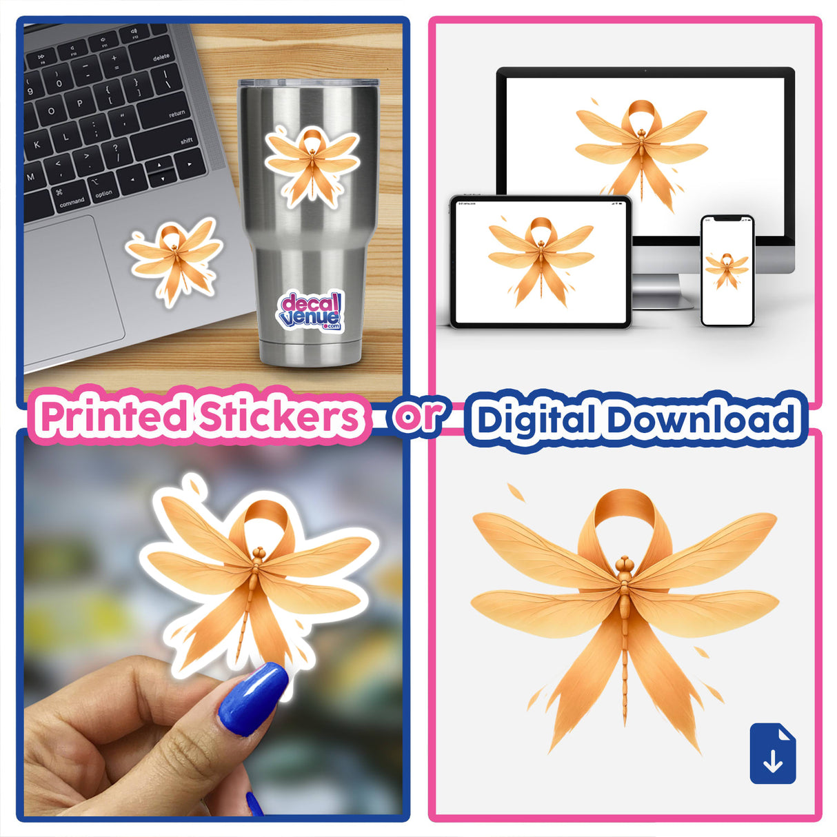 Dragonfly Peach Ribbon Uterine Cancer Awareness design as vinyl stickers on a laptop and mug, and as a digital download on devices, representing Decal Venue's unique vinyl and digital art offerings.