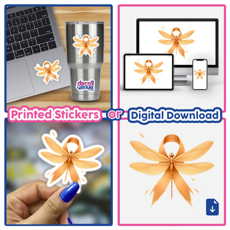 Dragonfly Peach Ribbon Uterine Cancer Awareness design as vinyl stickers on a laptop and mug, and as a digital download on devices, representing Decal Venue's unique vinyl and digital art offerings.