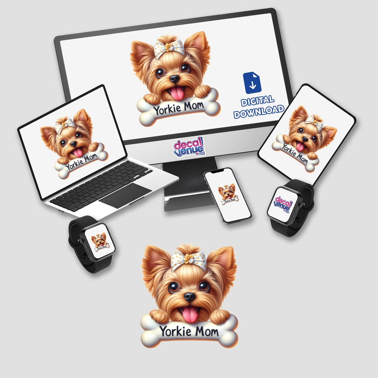 Cute Yorkie dog artwork featuring "Yorkie Mom" text, shown across various digital devices including a laptop, smartphone, and smartwatch. The playful, illustrated Yorkie has a bow and is positioned next to a bone-shaped text graphic. The Decal Venue logo is also visible, indicating this is digital artwork available for purchase or download from their online store.