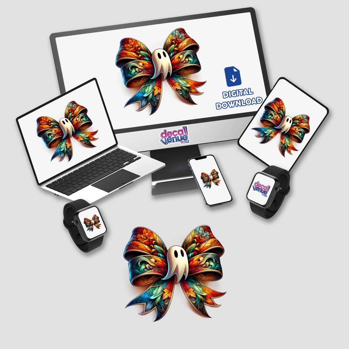 Ghost Coquette Bow Halloween sticker or digital artwork featuring a computer monitor and laptop adorned with vibrant, whimsical bows and ghost motifs.