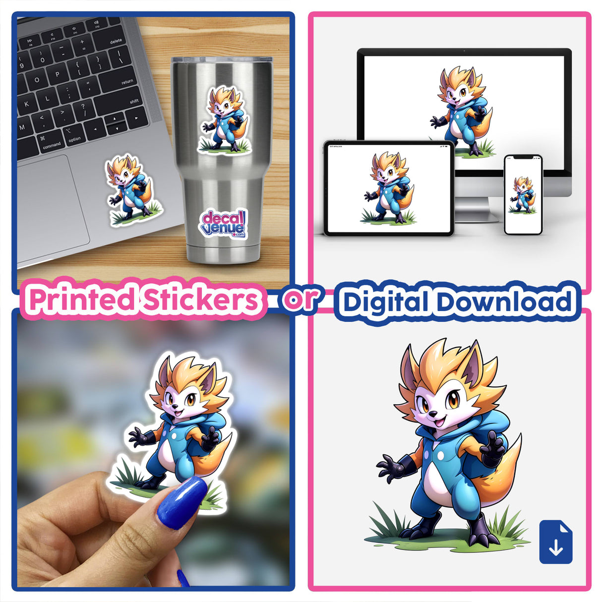 Furry Fighter - Spike Fury The Hedgehog depicted in a collage featuring cartoon stickers and digital artwork, highlighting a fox and various cartoon elements on items like a laptop and cup.