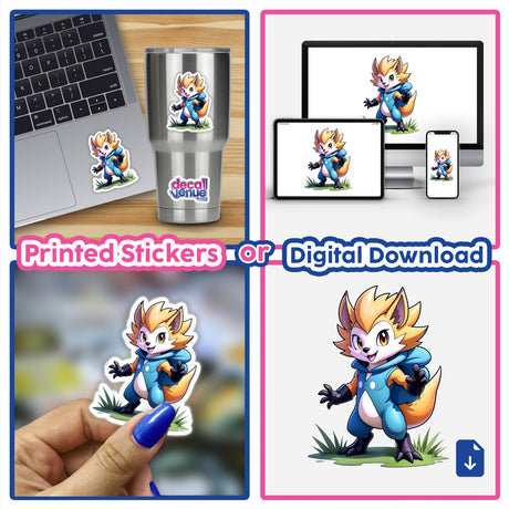 Furry Fighter - Spike Fury The Hedgehog depicted in a collage featuring cartoon stickers and digital artwork, highlighting a fox and various cartoon elements on items like a laptop and cup.