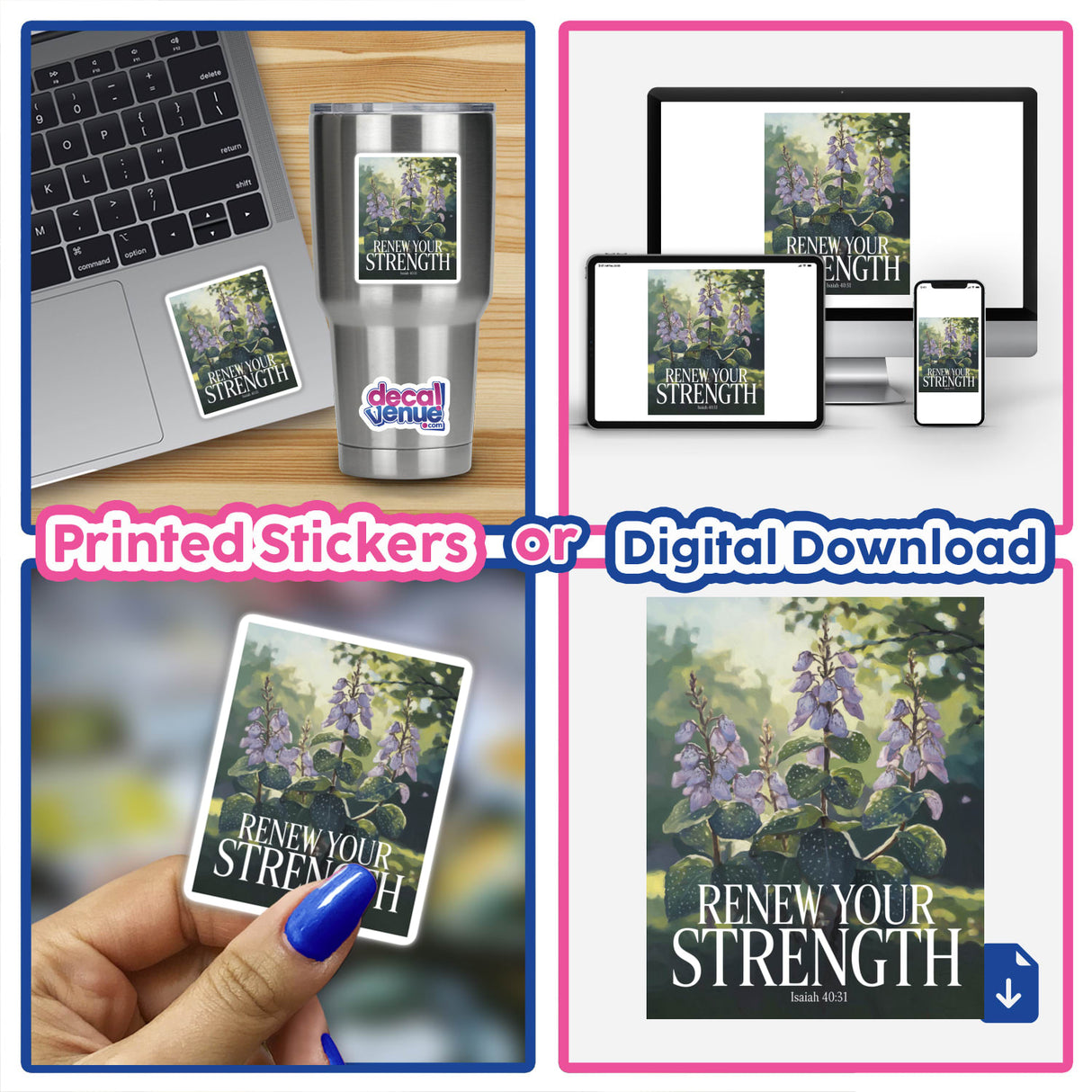 Lungwort Renew Your Strength Sticker or Clipart featuring Isaiah 40:31, displayed on a laptop, embodying Decal Venue's unique vinyl stickers and digital art ethos.