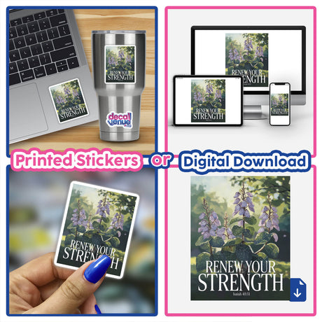 Lungwort Renew Your Strength Sticker or Clipart featuring Isaiah 40:31, displayed on a laptop, embodying Decal Venue's unique vinyl stickers and digital art ethos.