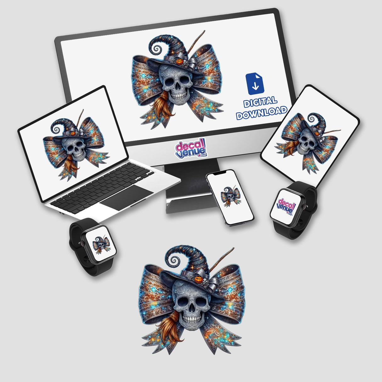 Coquette Skull Witch Bow displayed on computer, laptop, tablet, and smartwatch screens, available as stickers or digital artwork, featuring a skull with a hat and bow.