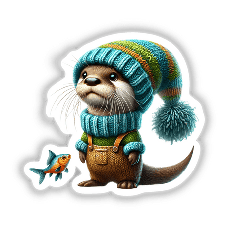 Otter Gnome with Fish sticker or digital art featuring a cartoon otter wearing a hat and overalls, holding a blue and orange fish.