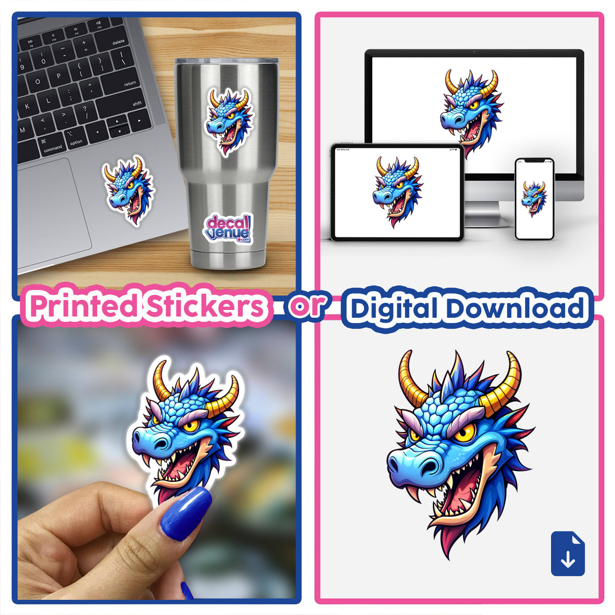 Collage featuring A Cool Fantasy Dragon sticker, showcasing a blue dragon with yellow horns. Displayed on a laptop and cup, emphasizing its versatility as a sticker or digital artwork.