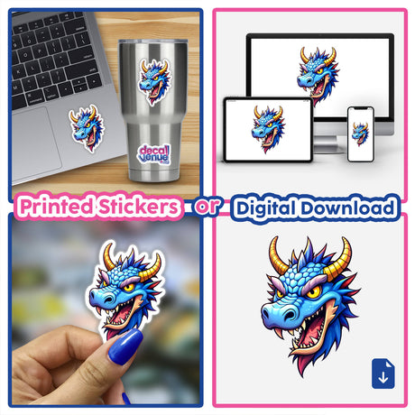 Collage featuring A Cool Fantasy Dragon sticker, showcasing a blue dragon with yellow horns. Displayed on a laptop and cup, emphasizing its versatility as a sticker or digital artwork.