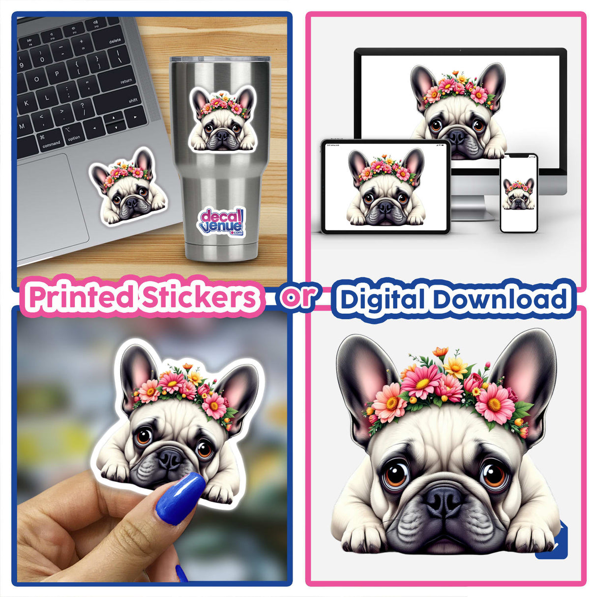 Playful French Bulldog adorned with a Springtime Flower Crown, featured as a versatile sticker or digital artwork, perfect for adding whimsy to laptops, cups, or digital spaces.