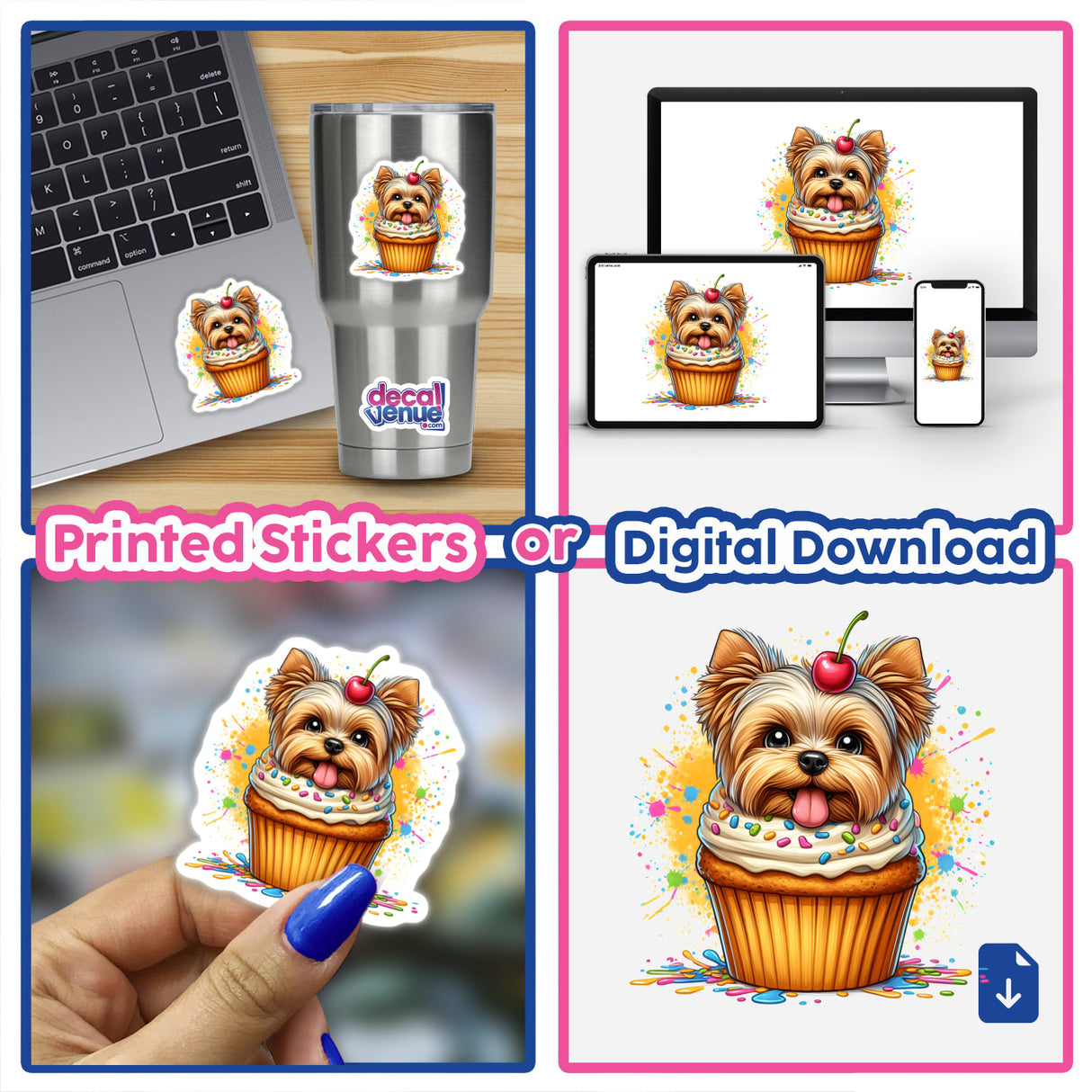 Cute Yorkie dog illustrations on colorful cupcakes, displayed on various devices and as printed stickers. These vibrant digital artworks featuring the playful Yorkshire Terrier pups are perfect for expressing your style on merchandise, devices, or as fun stickers.
