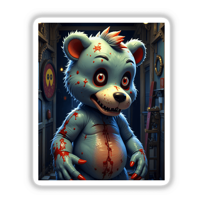 A Macabre Scary Bear cartoon character, featuring a garment and unsettling elements like a dartboard and blood on its stomach. Available as stickers or digital artwork.