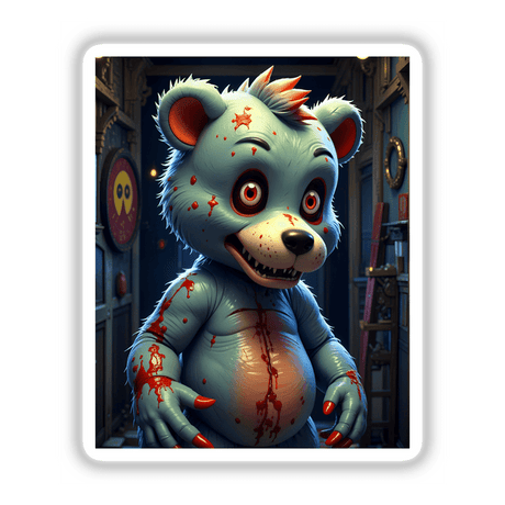 A Macabre Scary Bear cartoon character, featuring a garment and unsettling elements like a dartboard and blood on its stomach. Available as stickers or digital artwork.