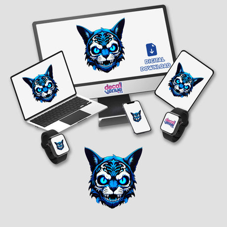 A computer monitor and laptop display A Cool Undead Cat Skull as digital artwork, showcasing a unique, cartoon-inspired design available as stickers or digital art from Decal Venue.