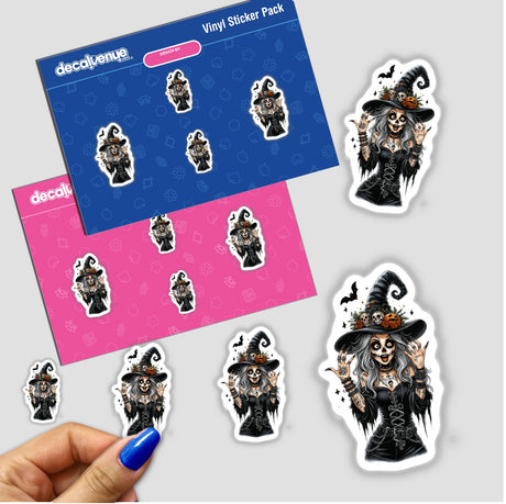 Spooky Zombie Halloween Witch sticker featuring a cartoon witch, hand, and fingernail details, available as stickers or digital artwork.