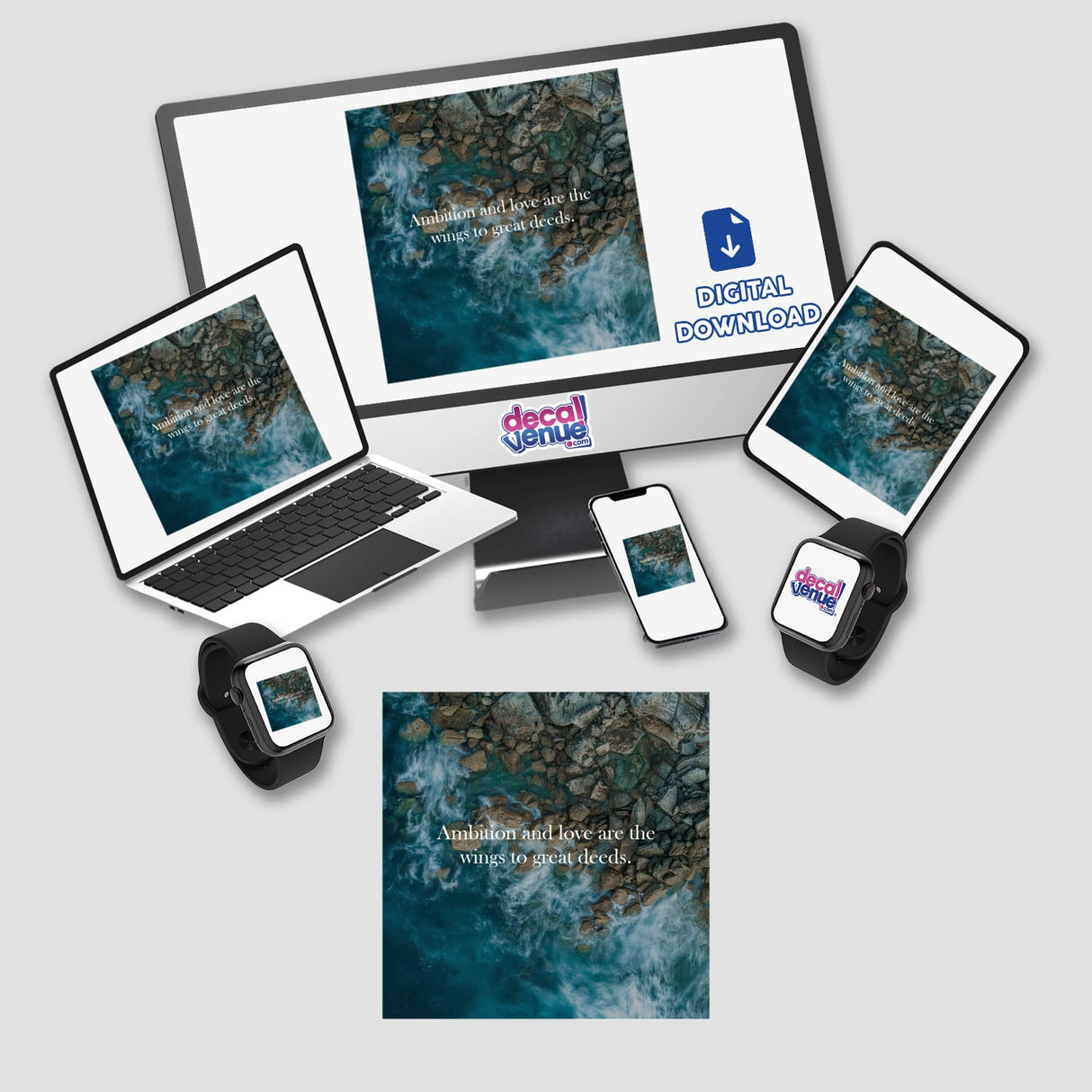 Aerial view of ocean waves crashing against rocks with the quote Ambition and Love are the Wings to Great Deeds, available as a sticker or digital artwork from Decal Venue.