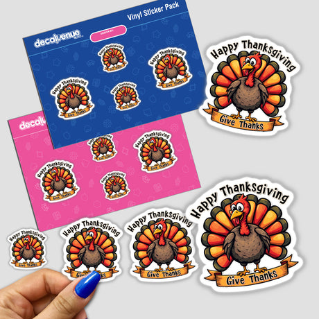 Hand holding a Happy Thanksgiving Turkey Give Thanks sticker pack featuring cartoon turkeys with various designs and text.
