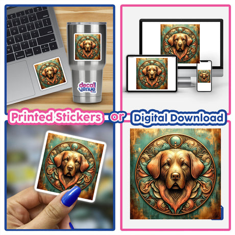 Golden Retriever Medallion - Vibrant digital artwork showcasing a majestic golden retriever in an ornate, intricate design, available as printed stickers or a digital download from the Decal Venue store.