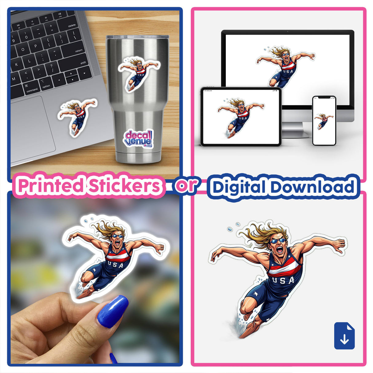 Collage featuring Velocista Nato, showcasing various cartoon depictions of a man running and flying, available as stickers or digital artwork from Decal Venue.