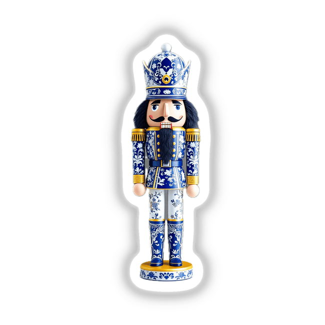 Chinoiserie Style Nutcracker Soldier featuring intricate blue and white floral designs, depicted as a cartoonish art piece, available as stickers or digital artwork from Decal Venue.