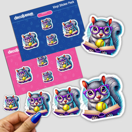 Squirrel Reading a Book with Purple Glasses and Softball sticker features a cartoon squirrel with glasses, holding a book and softball, embodying Decal Venue's unique vinyl sticker artistry.