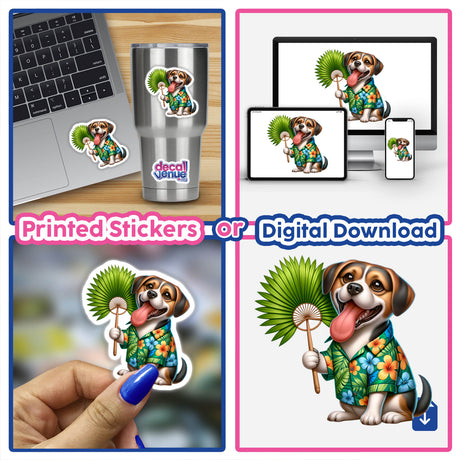 Dog in Hawaiian Shirt Holding Palm Leaf Fan