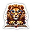 Lion in Reading Glasses with Book: A cartoon lion wearing blue glasses, intently reading an open book, available as unique stickers or digital artwork from Decal Venue.
