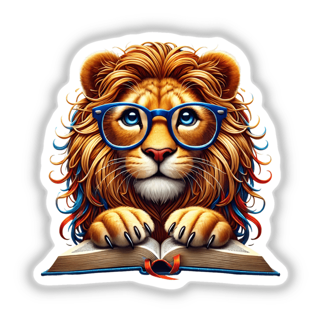 Lion in Reading Glasses with Book: A cartoon lion wearing blue glasses, intently reading an open book, available as unique stickers or digital artwork from Decal Venue.