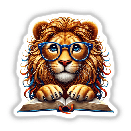 Lion in Reading Glasses with Book: A cartoon lion wearing blue glasses, intently reading an open book, available as unique stickers or digital artwork from Decal Venue.