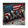 Patriotic American skulls display with digital artwork, featuring an old weathered American flag as the backdrop.