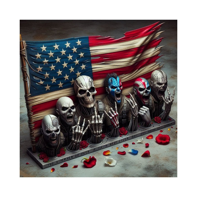 Patriotic American skulls display with digital artwork, featuring an old weathered American flag as the backdrop.