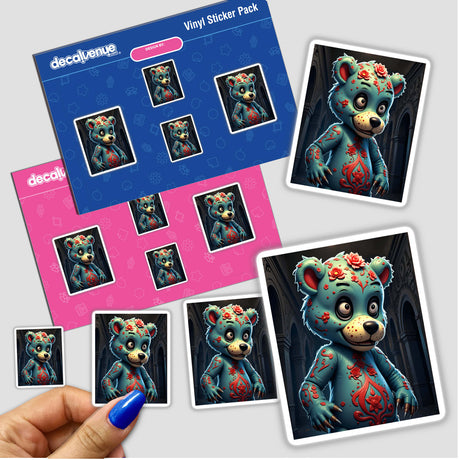 A Macabre Scary Bear sticker depicting a cartoon character in a blue bear suit, available as unique vinyl stickers or digital artwork from Decal Venue.