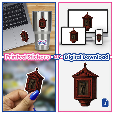 Fire Alarm Box Clipart PNG & Sticker: A close-up of a bold Edwardian-style Gamewell fire alarm box decal on a fingernail, showcasing its vintage design for stickers or digital art downloads.