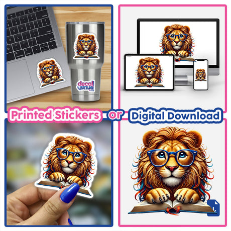 Lion in Reading Glasses with Book, depicted in various scenarios: reading a book, featured on a laptop sticker, and illustrated on a silver cup. Available as Stickers or Digital Artwork.