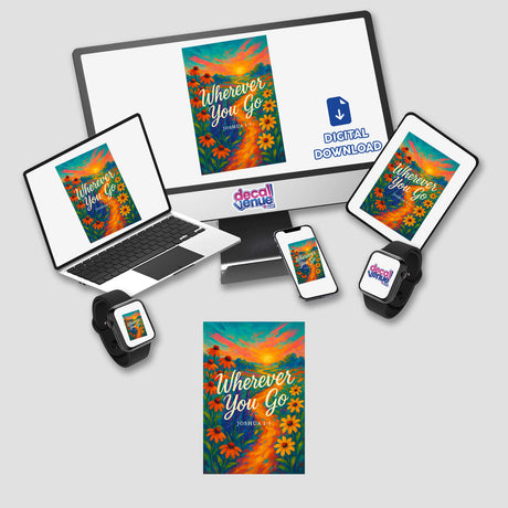Wherever You Go – Joshua 1:9 Fauvist Summer Floral Sticker or Clipart features bold coneflowers and salvia. Perfect for Christian creatives seeking vibrant, faith-inspired digital art.