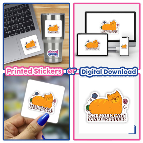 Collage showcasing 'Pet More Cats Give Less Fu**s', featuring a laptop adorned with a cat sticker, and a hand holding a similar cat-themed sticker. Available as stickers or digital artwork.