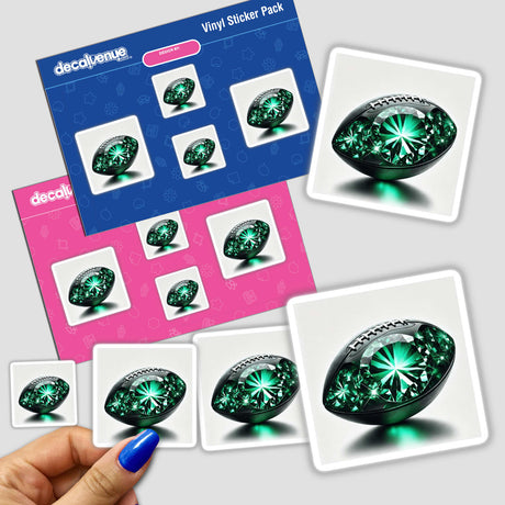 Hand holding the Emerald Gemstone Football Art sticker pack, showcasing green gemstones arranged to form a football design. Ideal for sports enthusiasts from Decal Venue.