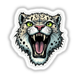 Onça Parda: A stylized illustration of a roaring white and black leopard, mouth open, showcasing sharp teeth; available as stickers or digital artwork.