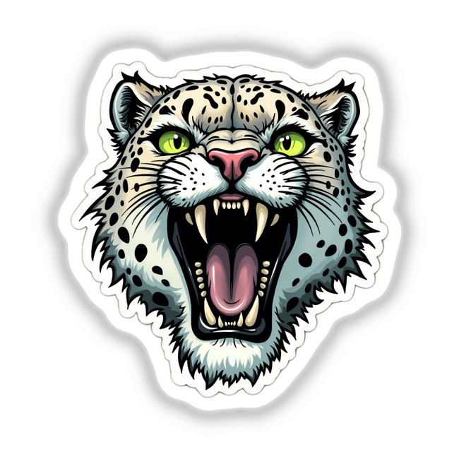 Onça Parda: A stylized illustration of a roaring white and black leopard, mouth open, showcasing sharp teeth; available as stickers or digital artwork.