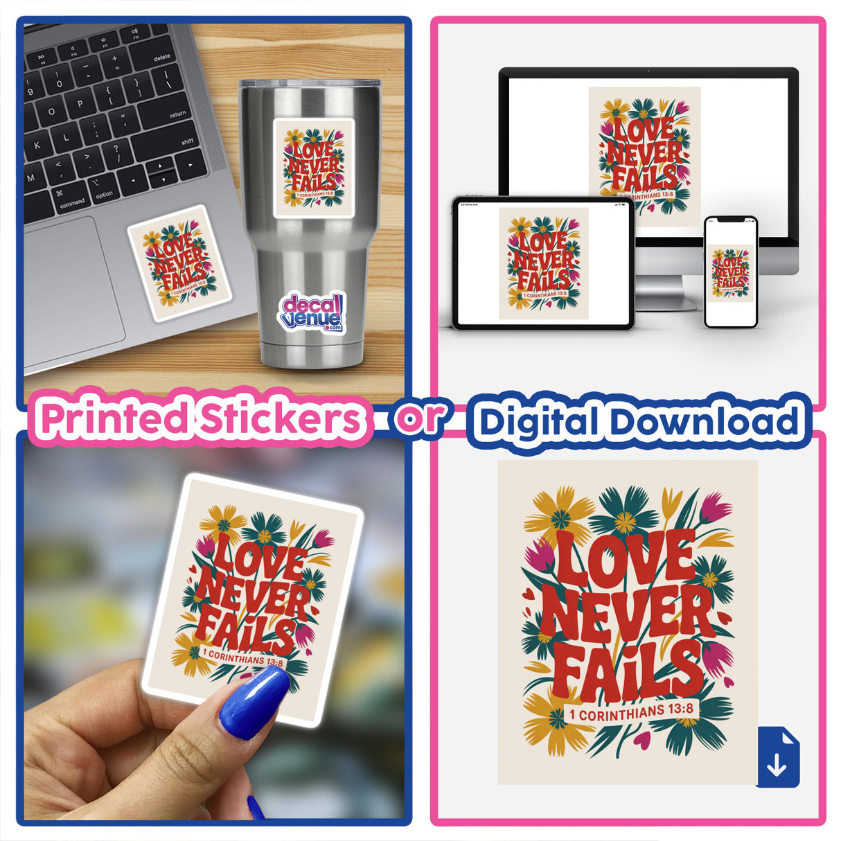 Love Never Fails 1 Corinthians 13:8 Sticker or Clipart featuring a laptop adorned with the design, emphasizing its versatility as a sticker or digital artwork with commercial rights.