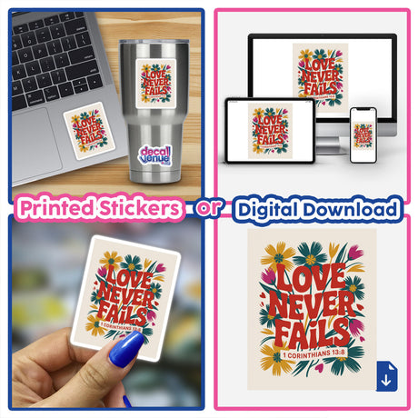 Love Never Fails 1 Corinthians 13:8 Sticker or Clipart featuring a laptop adorned with the design, emphasizing its versatility as a sticker or digital artwork with commercial rights.
