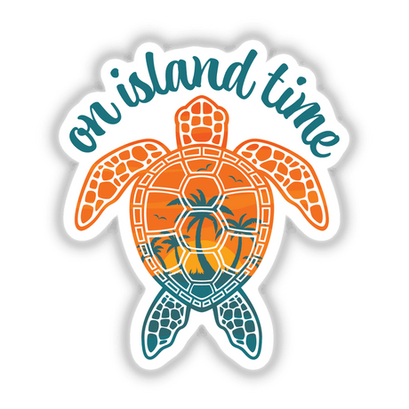 a sticker of a turtle with the words on island time