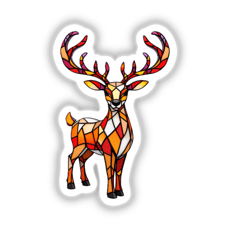 Reindeer Stained Glass Art depicting a deer with antlers, available as unique stickers or digital artwork. Perfect for adding a touch of whimsical design to any space.