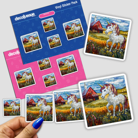 Hand holding a sticker pack titled Unicorn and Farm Scene Mosaic, featuring whimsical unicorn and barn mosaics, available as stickers or digital artwork from Decal Venue.