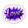 Love Valentine's Day comic-style design featuring bold letters and starry accents, available as a sticker or digital artwork.