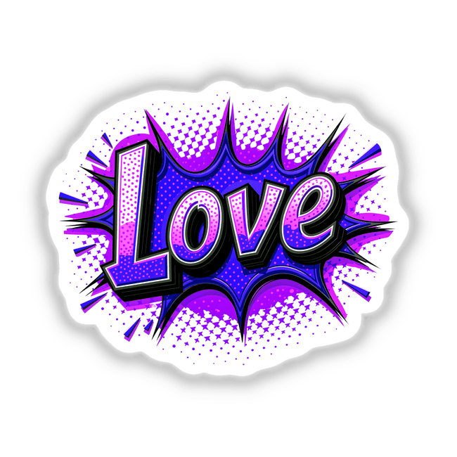Love Valentine's Day comic-style design featuring bold letters and starry accents, available as a sticker or digital artwork.